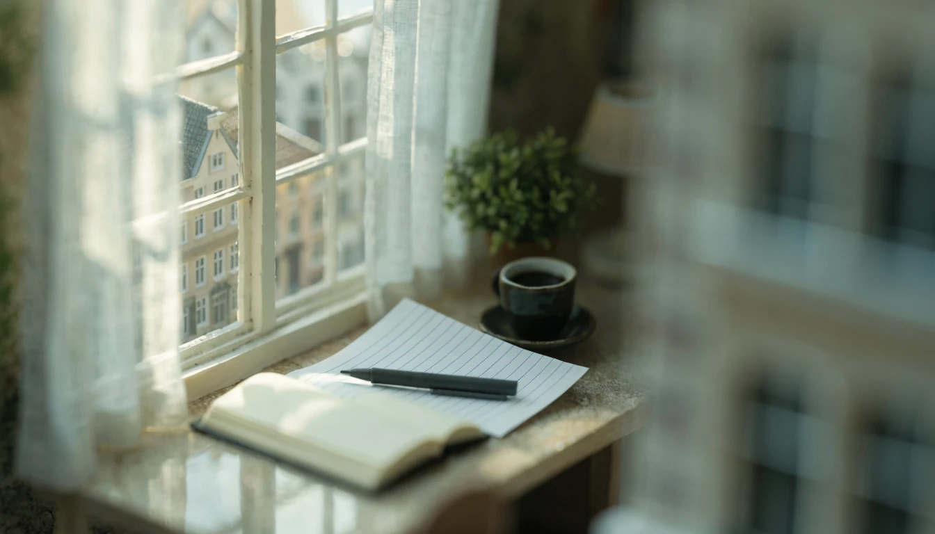 Werkplek met notitieboek, pen en kop koffie bij een raam met daglicht.