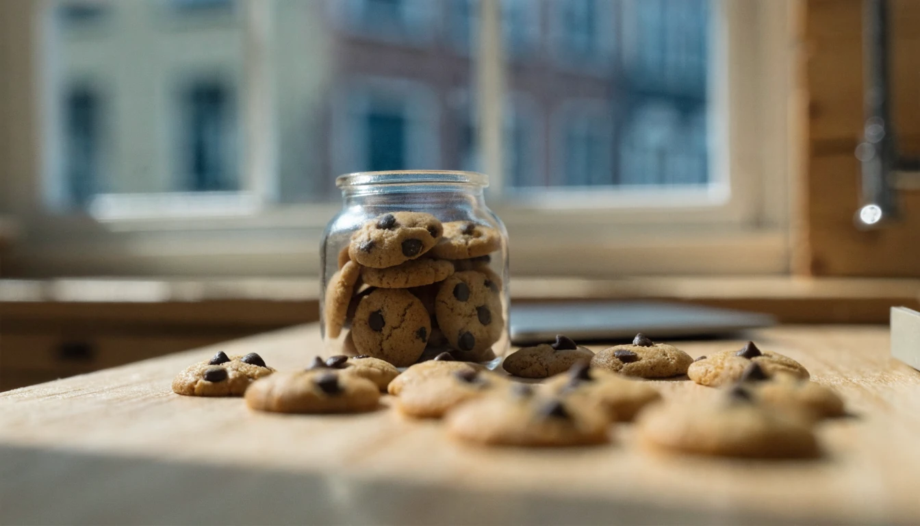 Glazen pot met chocoladekoekjes op een houten aanrecht in een lichte keuken