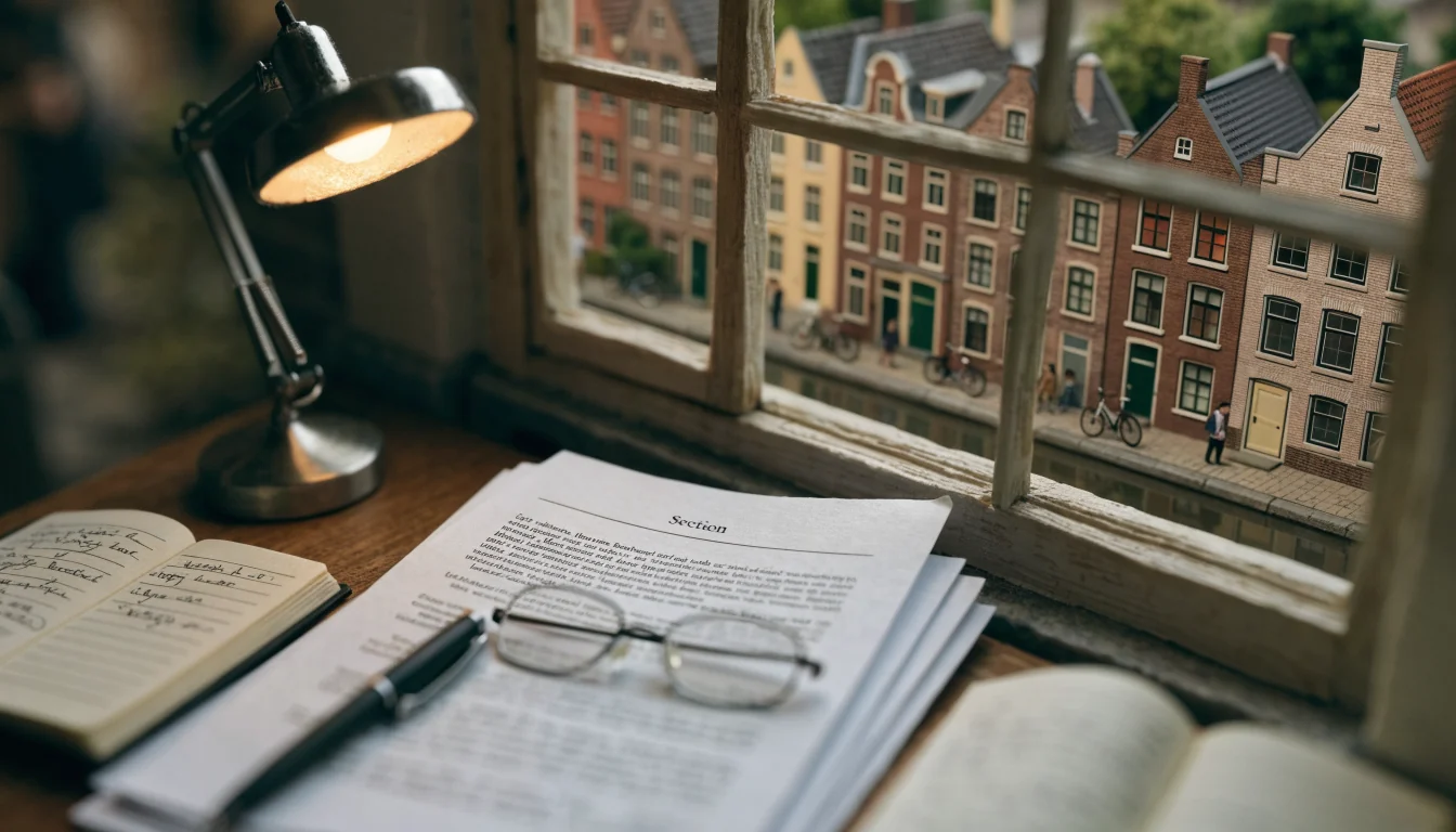 Bureau met juridische documenten en leeslamp bij een raam met uitzicht op een Nederlandse gracht.