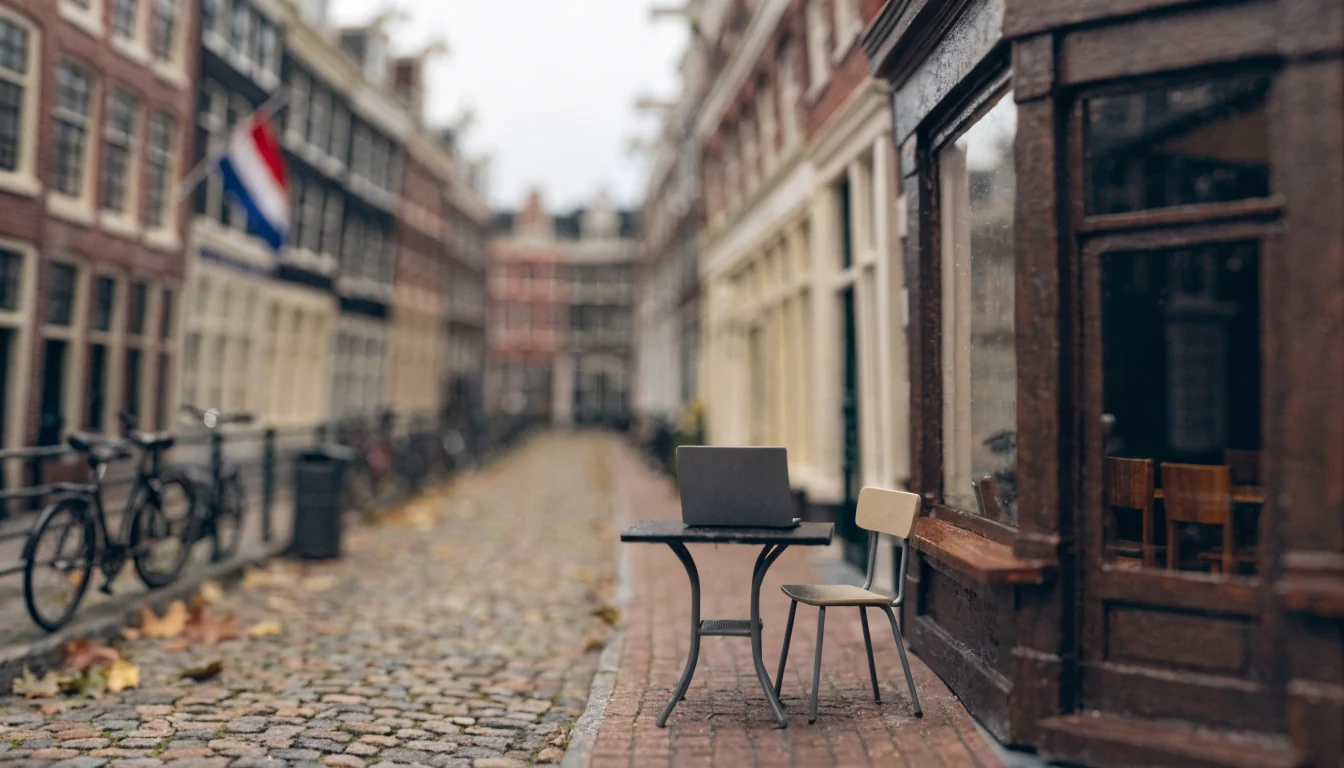 Gesloten laptop op een terras in Amsterdam bij grachtenpanden