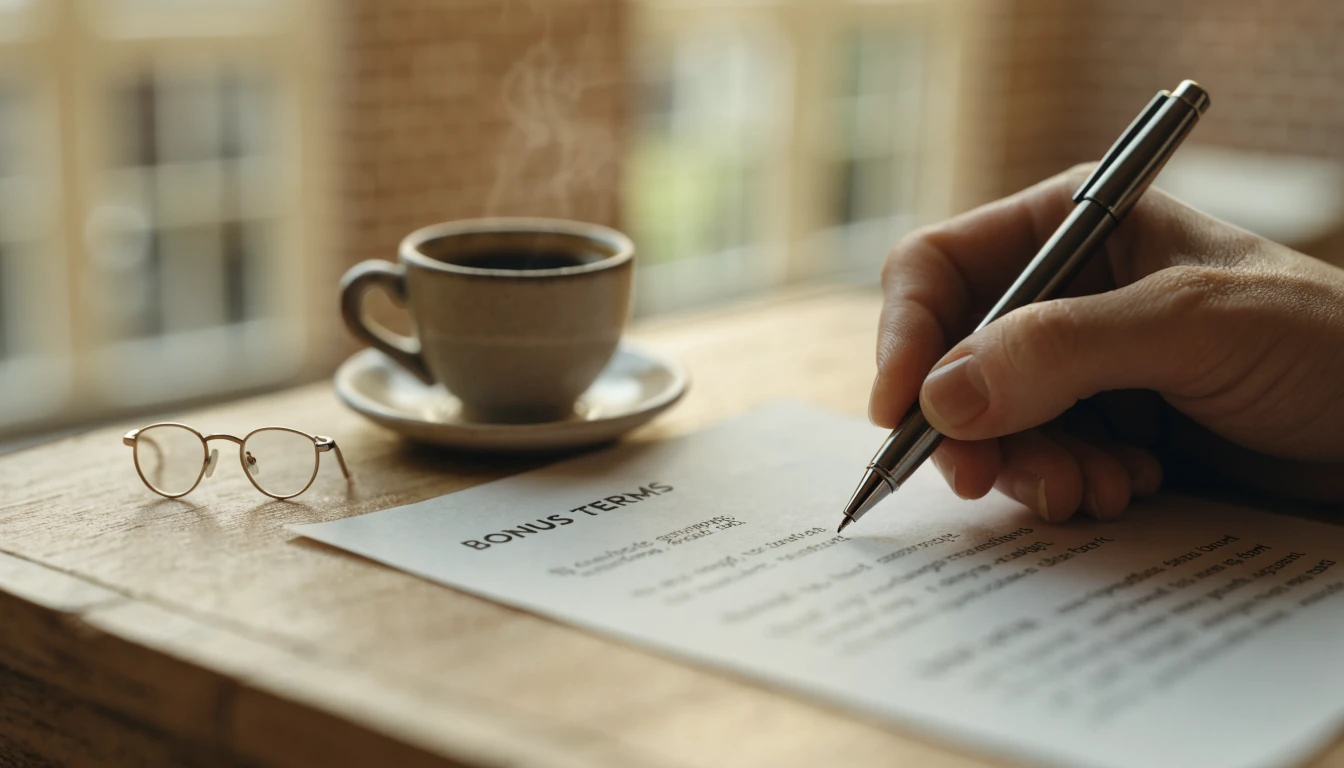 Bonusvoorwaarden op papier met leesbril op tafel