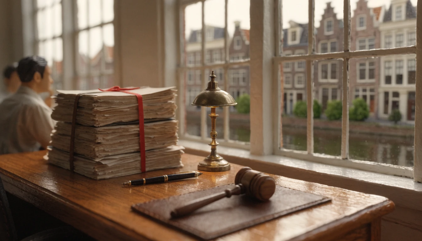 Kantoor in Nederlandse stijl met juridische documenten en hamer op bureau.