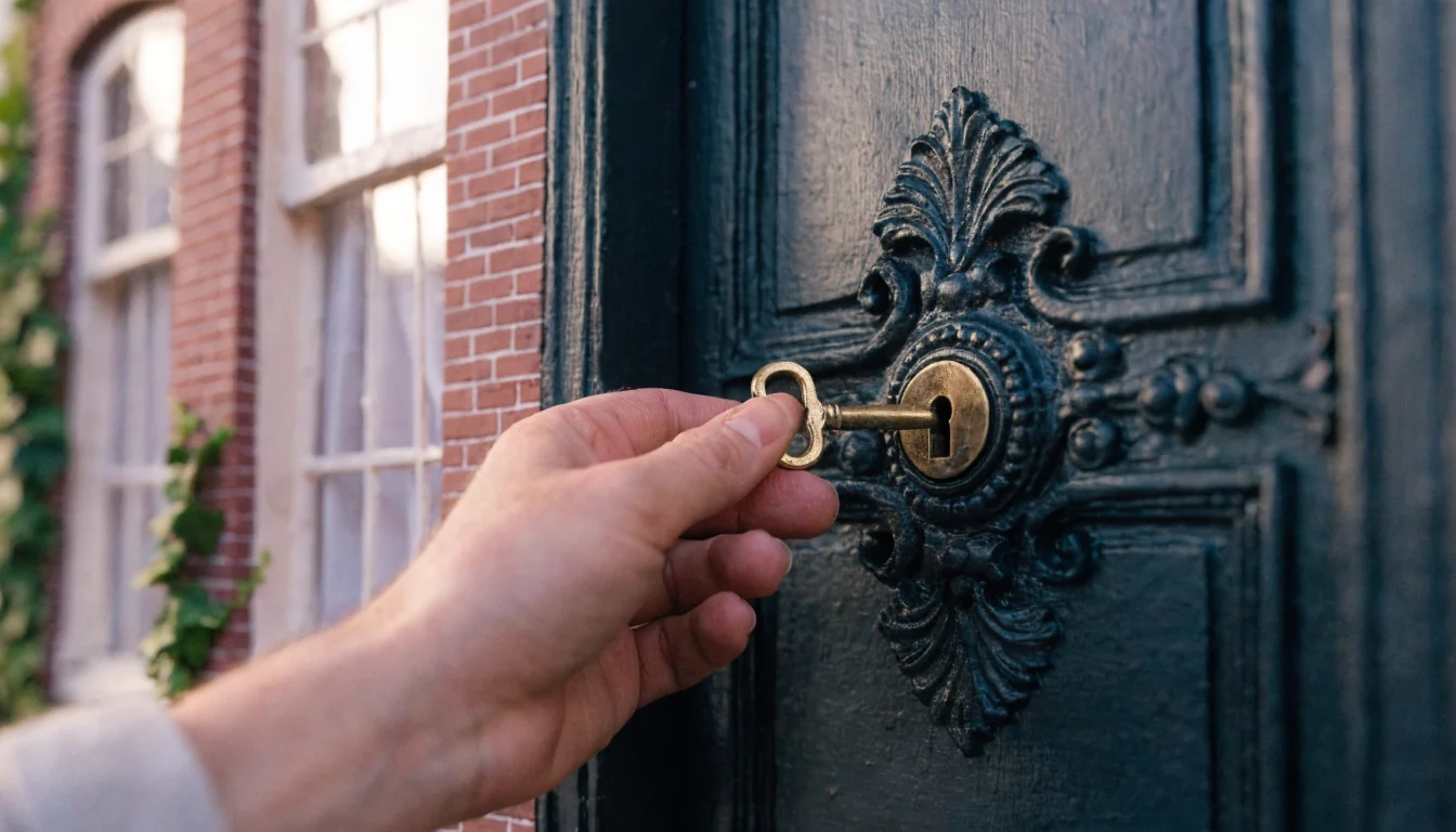 Hand die een sleutel in het slot van een traditioneel Nederlands grachtenpand steekt