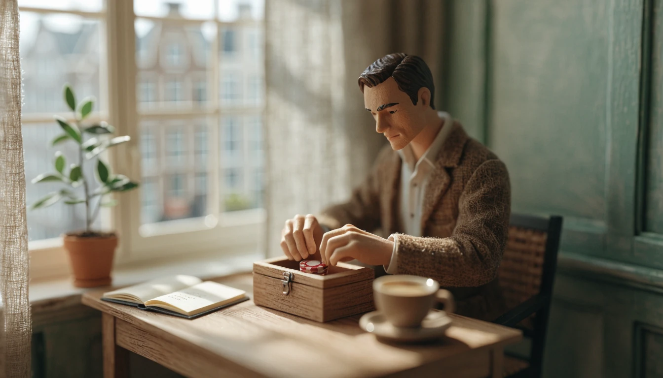 Man bergt een casinofiche op in een houten doosje bij daglicht